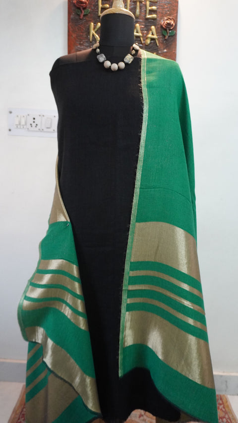 Green fine wool reversible stole with zari and striped detailing