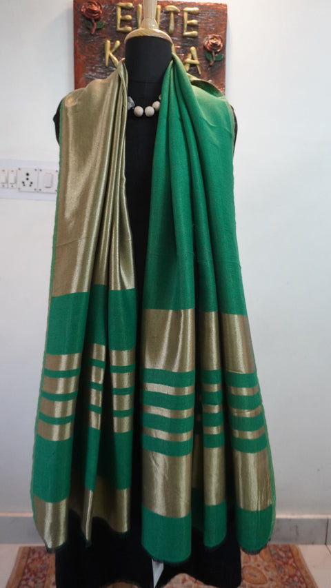 Green fine wool reversible stole with zari and striped detailing