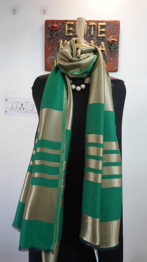 Green fine wool reversible stole with zari and striped detailing