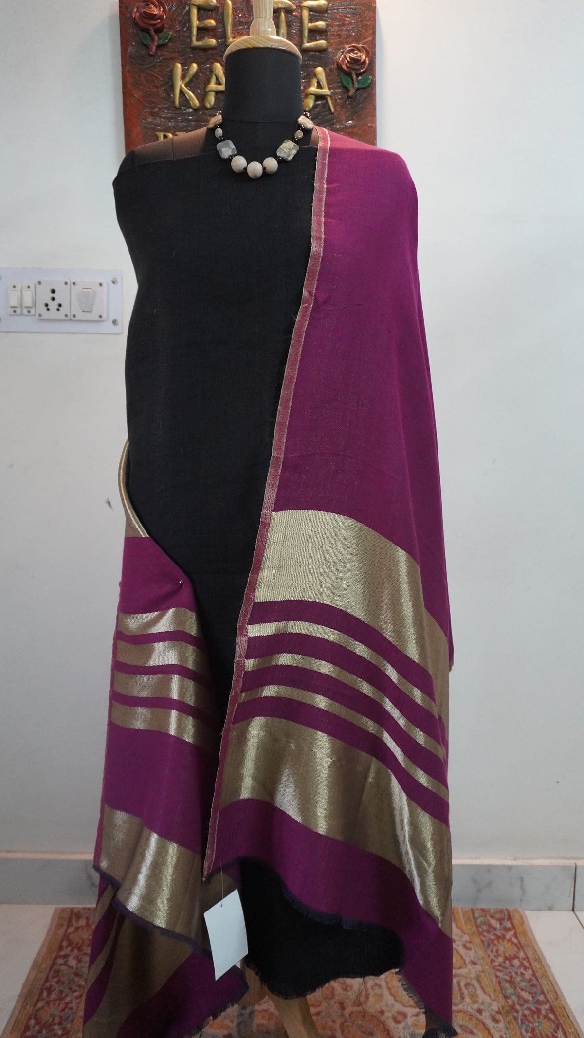 Purple fine wool reversible stole with zari and striped detailing