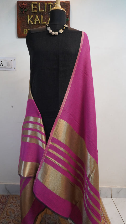 Pink fine wool reversible stole with zari and striped detailing