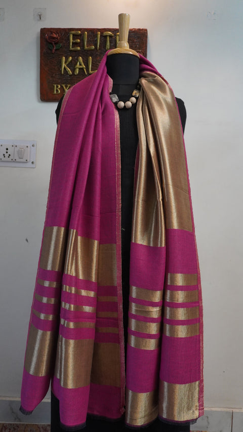 Pink fine wool reversible stole with zari and striped detailing