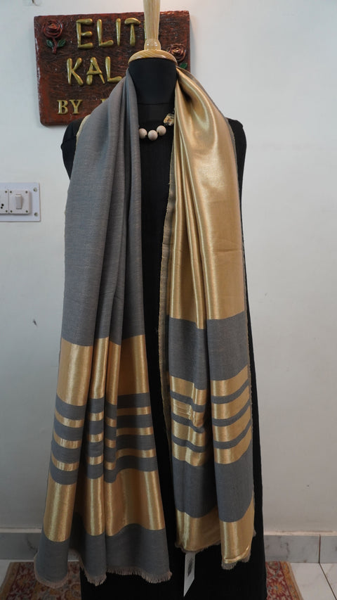 Grey fine wool reversible stole with zari detailing, striped pattern, border and fringe