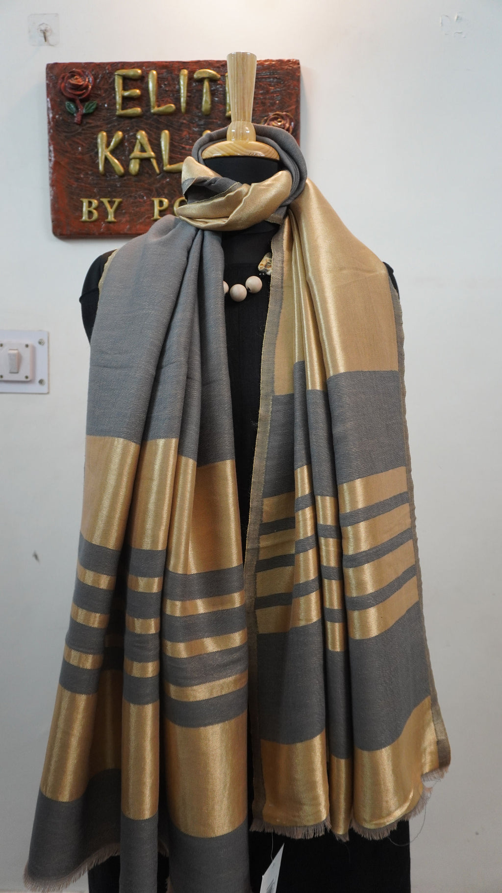 Grey fine wool reversible stole with zari detailing, striped pattern, border and fringe