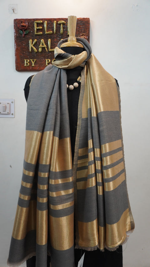 Grey fine wool reversible stole with zari detailing, striped pattern, border and fringe