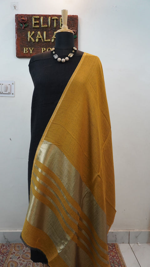 Mustard reversible fine wool stole with zari and gold striped detailing near the ends
