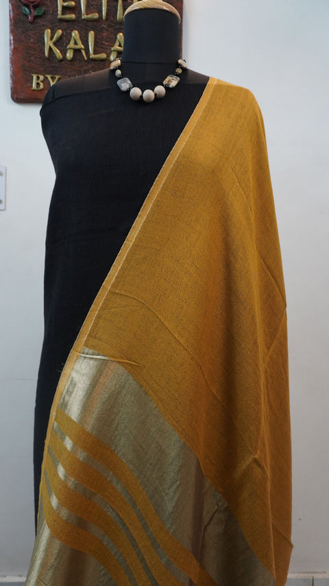 Mustard reversible fine wool stole with zari and gold striped detailing near the ends