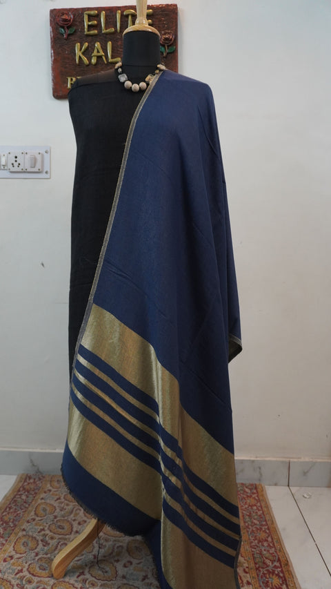 Dark blue fine wool reversible stole with zari accents and striped detailing near the ends
