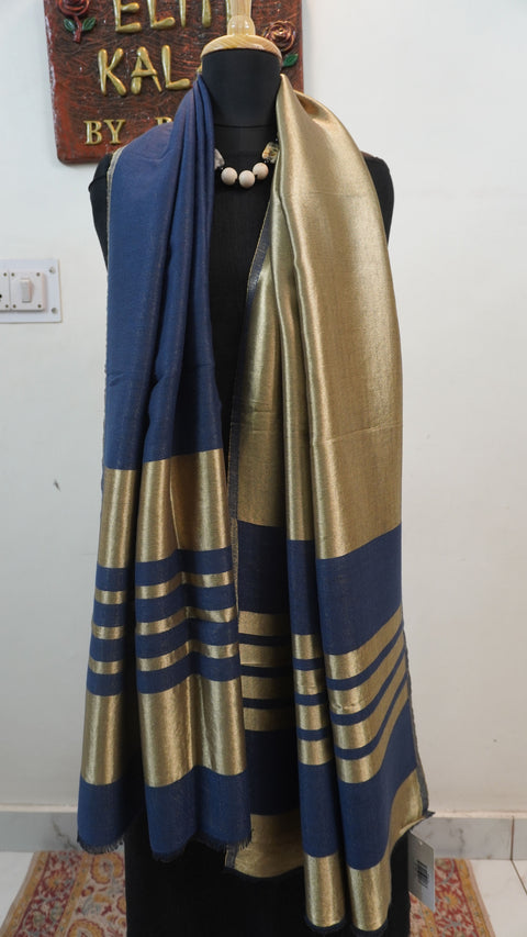 Dark blue fine wool reversible stole with zari accents and striped detailing near the ends