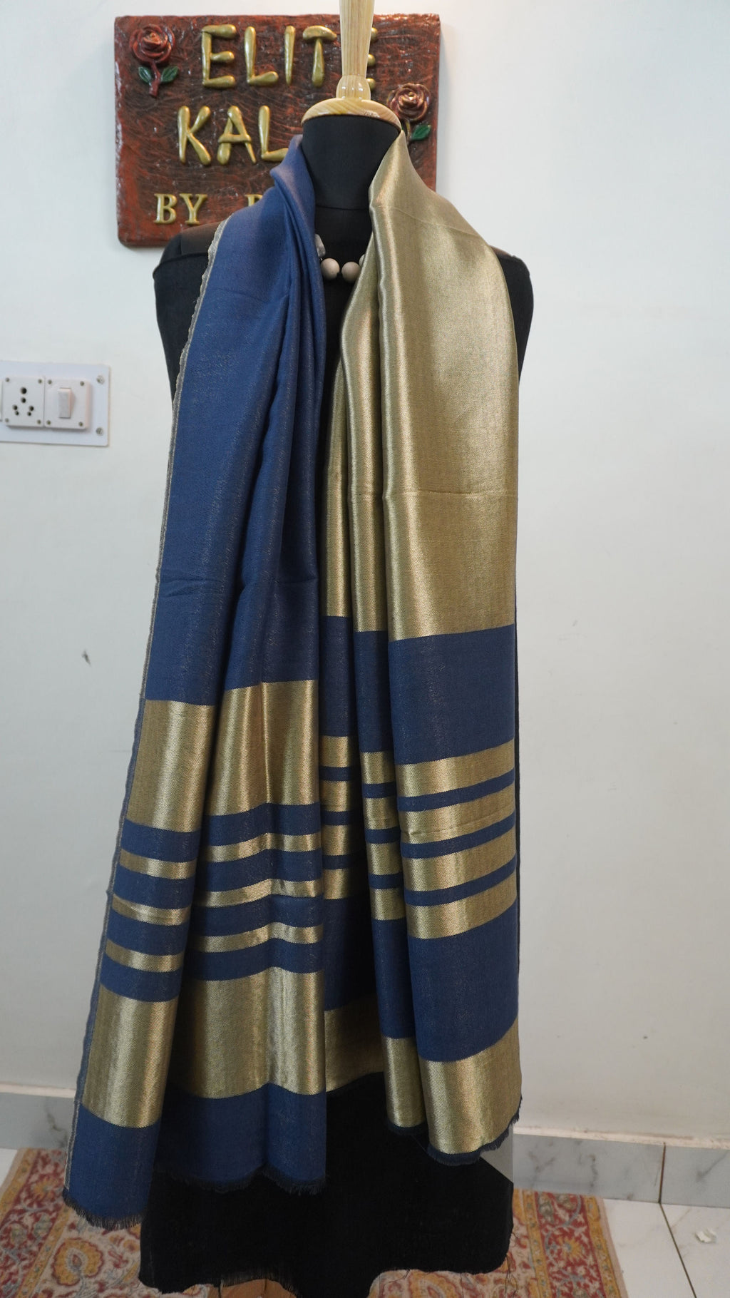 Dark blue fine wool reversible stole with zari accents and striped detailing near the ends