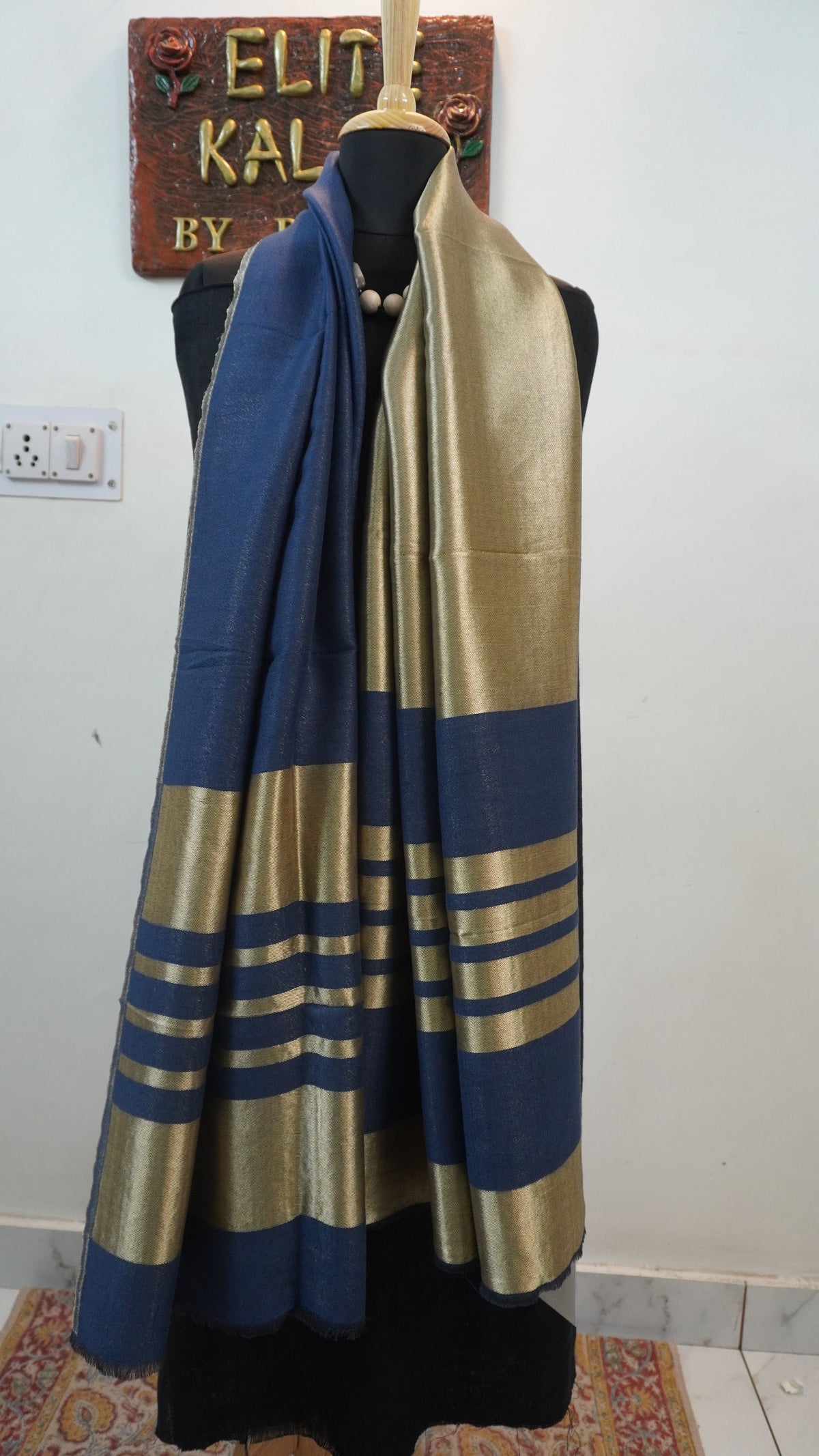 Dark blue fine wool reversible stole with zari accents and striped detailing near the ends