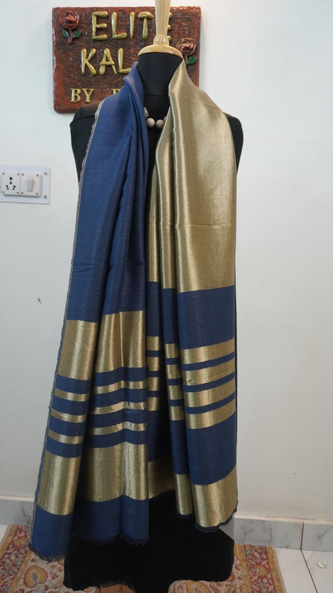 Dark blue fine wool reversible stole with zari accents and striped detailing near the ends