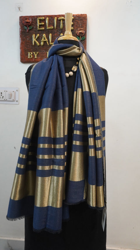 Dark blue fine wool reversible stole with zari accents and striped detailing near the ends