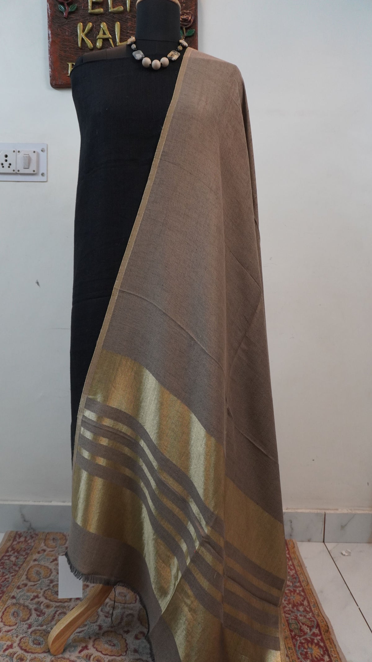 Beige fine wool reversible stole with zari and striped detailing