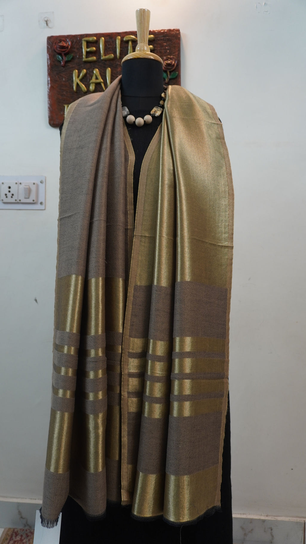 Beige fine wool reversible stole with zari and striped detailing