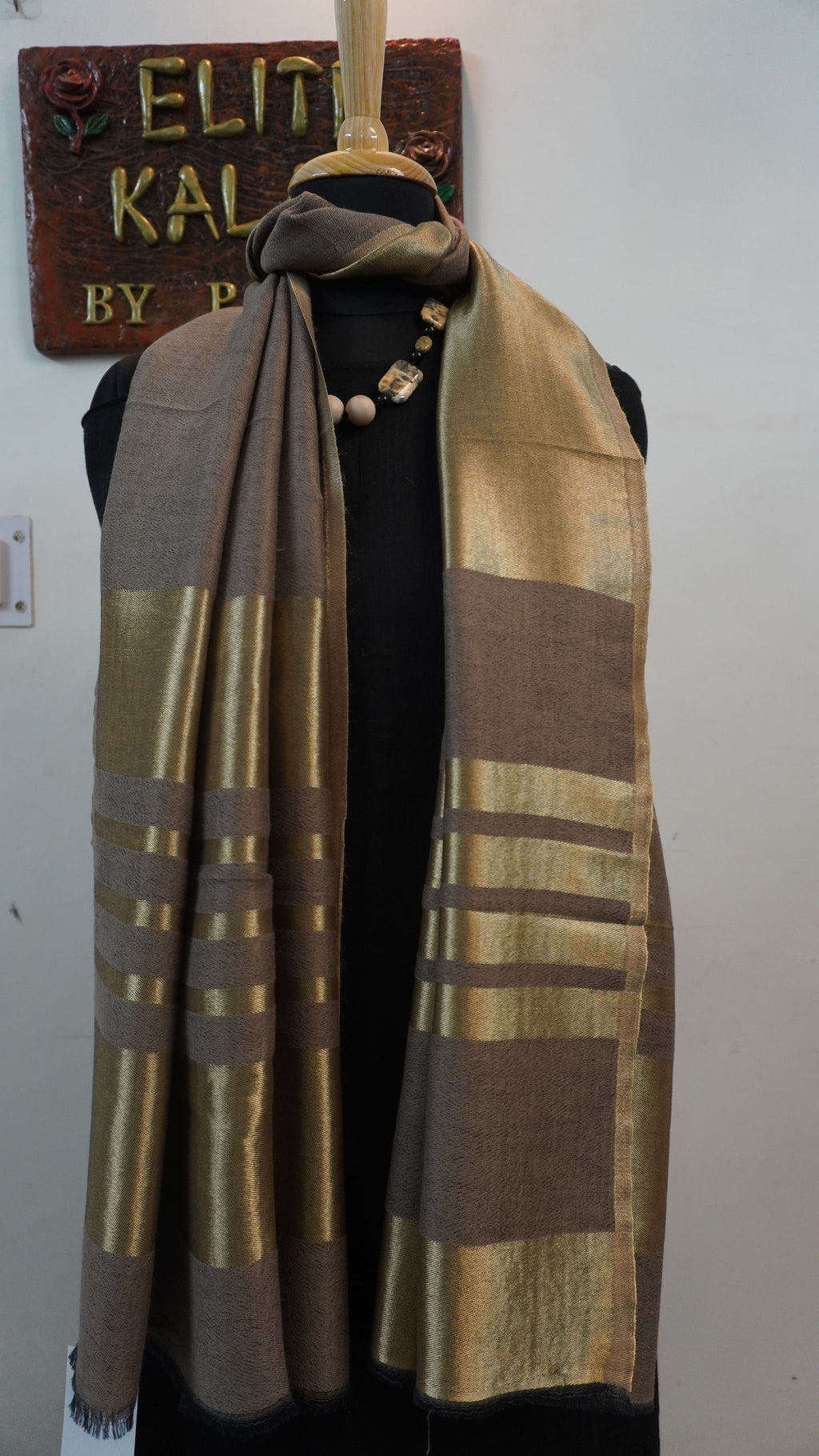 Beige fine wool reversible stole with zari and striped detailing