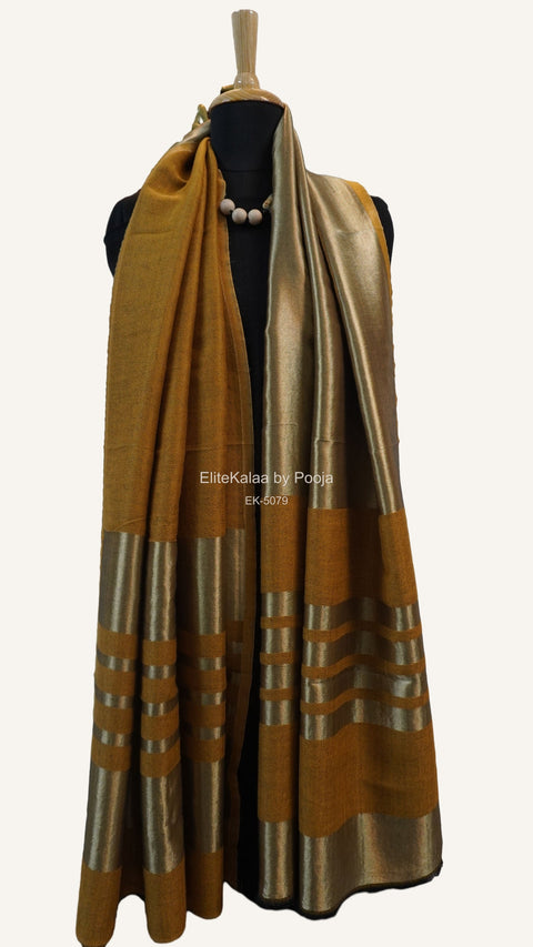 Mustard reversible fine wool stole with zari and gold striped detailing near the ends