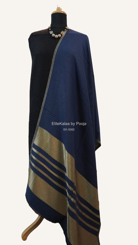 Dark blue fine wool reversible stole with zari accents and striped detailing near the ends