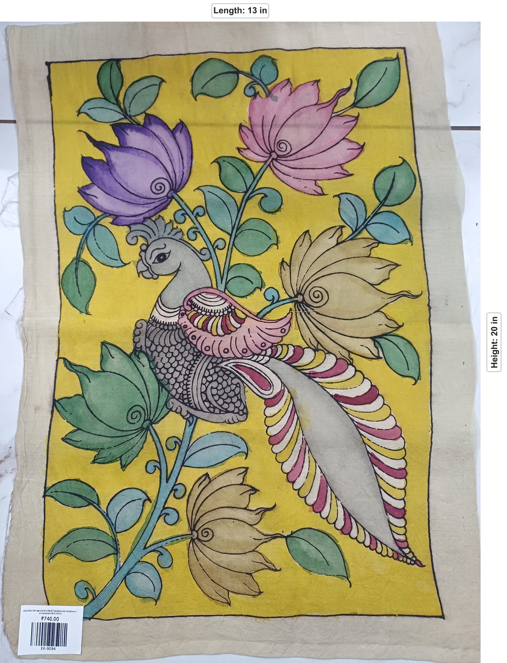 Yellow Kalamkari fabric piece with peacock and floral placement pattern and a border
