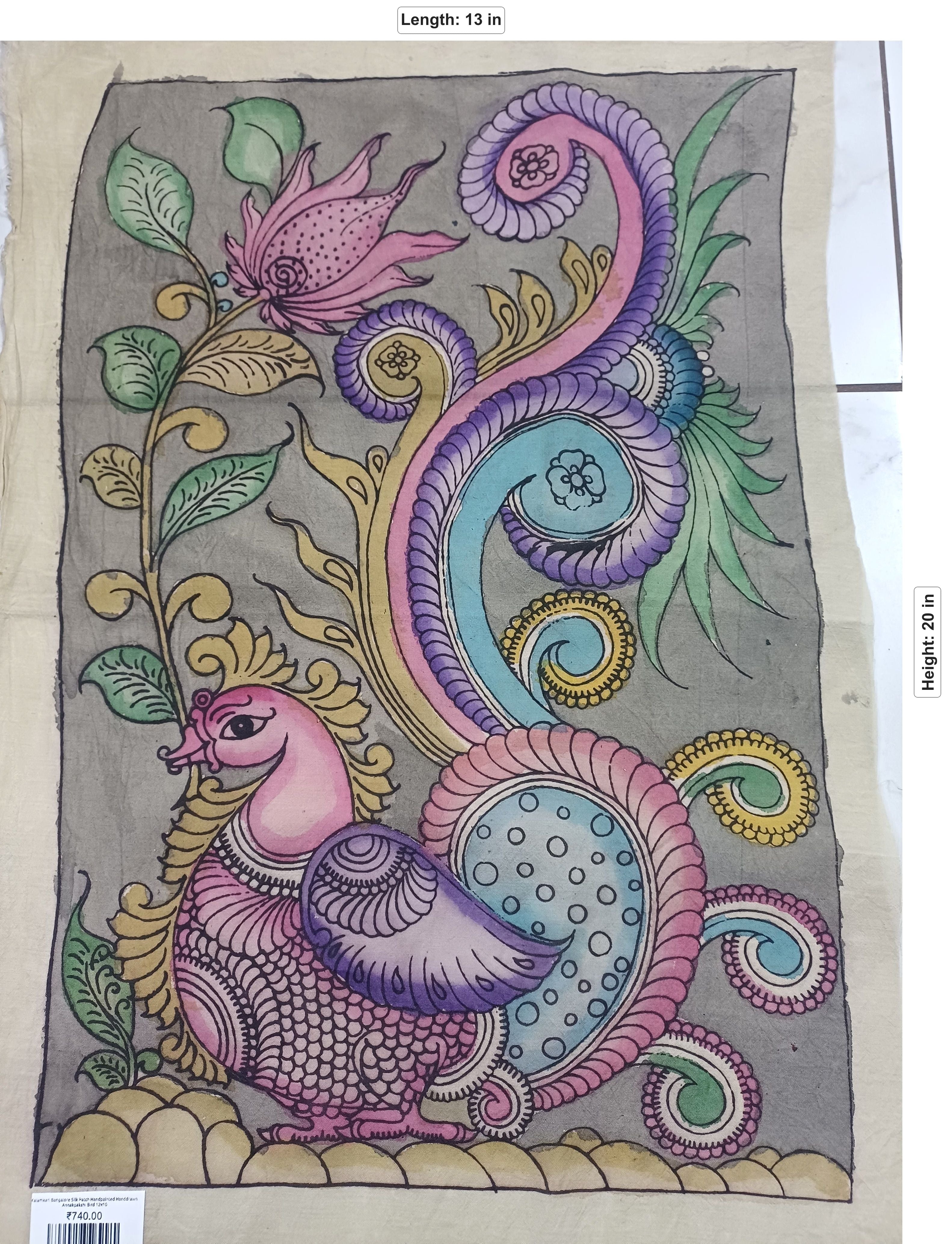 Kalamkari Annakpakshi Bird floral grey patch with border