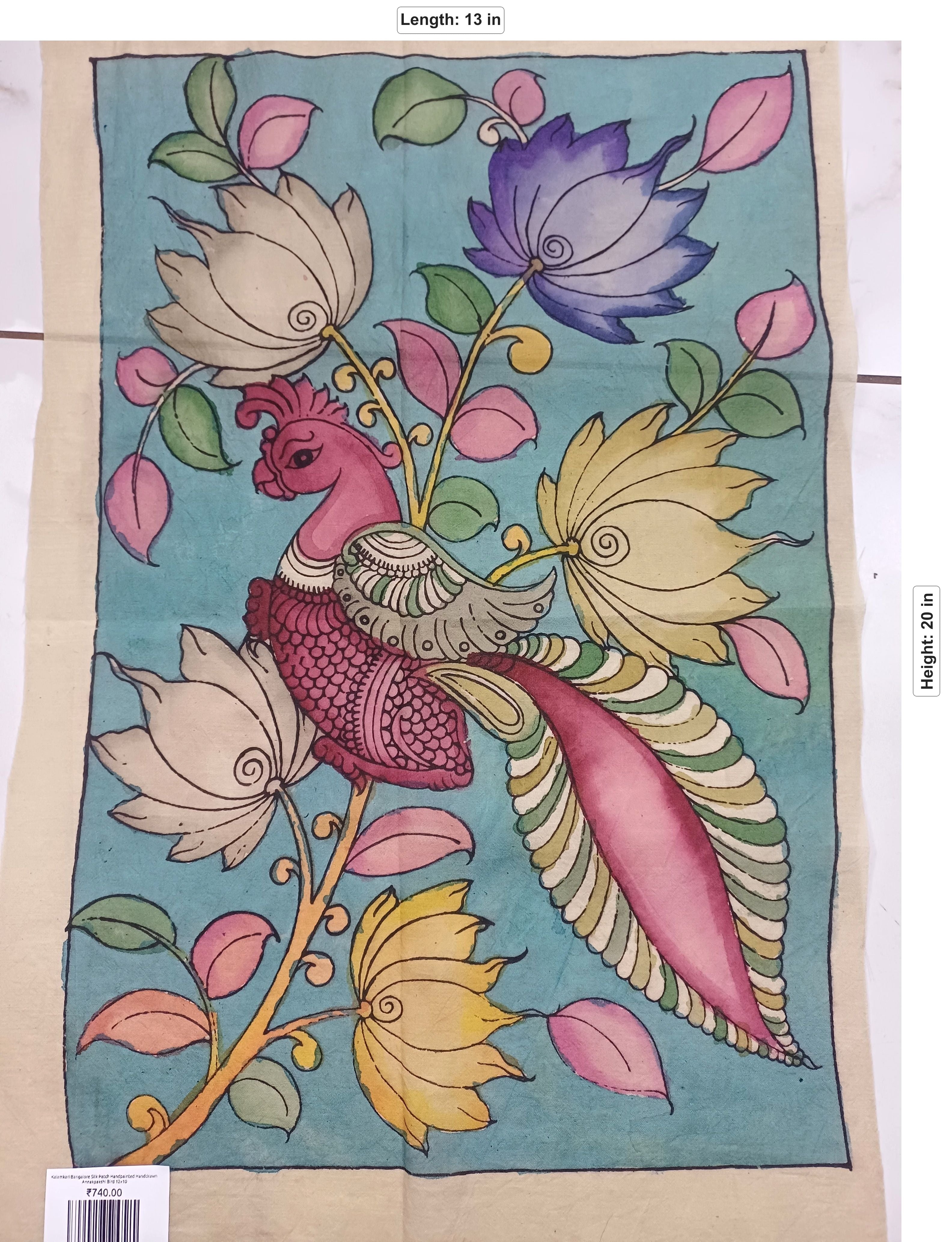 Kalamkari Annakpakshi Bird floral blue patch with border