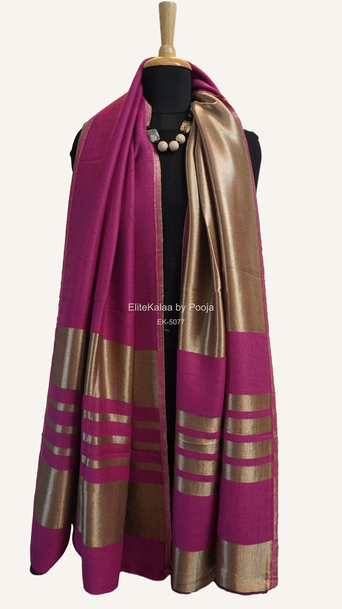 Pink fine wool reversible stole with zari and striped detailing