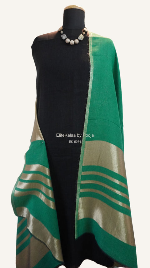 Green fine wool reversible stole with zari and striped detailing