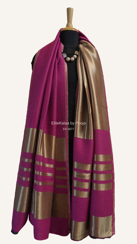 Pink fine wool reversible stole with zari and striped detailing