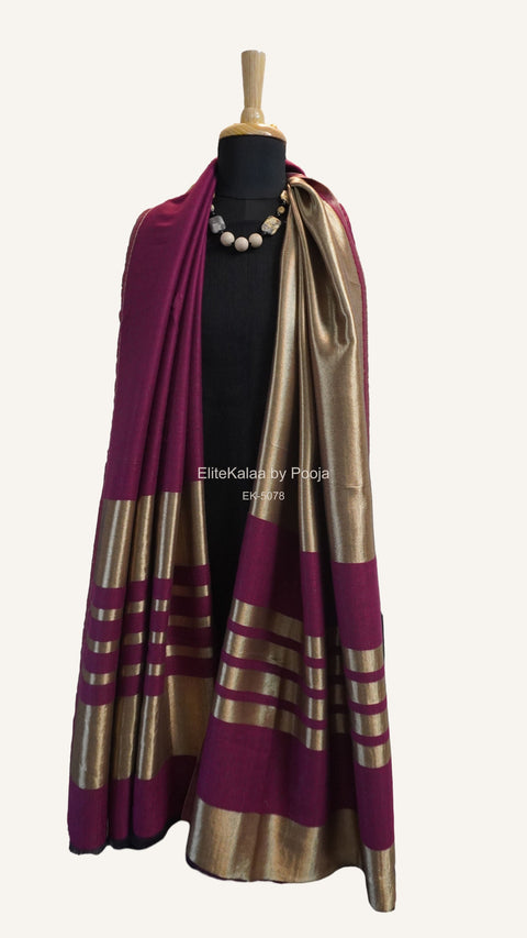Purple fine wool reversible stole with zari and striped detailing