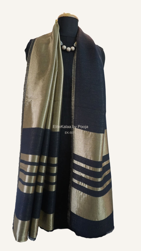 Black fine wool reversible stole with zari and striped detailing near the ends