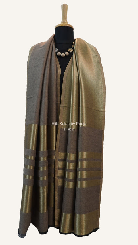 Beige fine wool reversible stole with zari and striped detailing