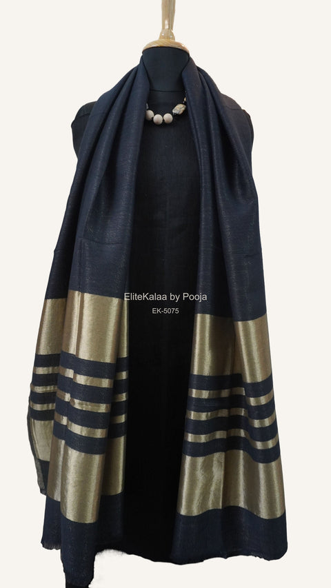 Black fine wool reversible stole with zari and striped detailing near the ends