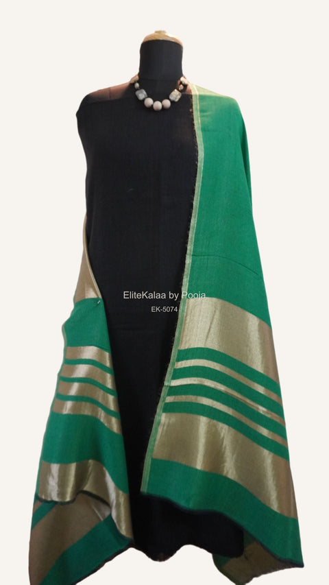 Green fine wool reversible stole with zari and striped detailing
