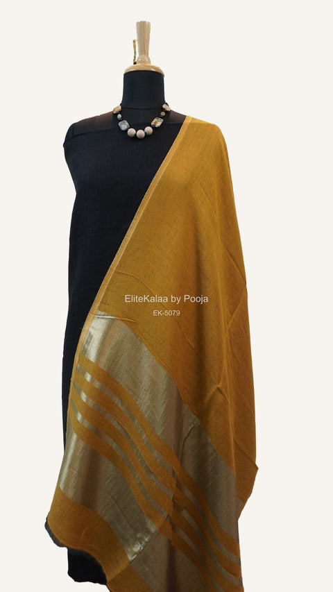 Mustard reversible fine wool stole with zari and gold striped detailing near the ends