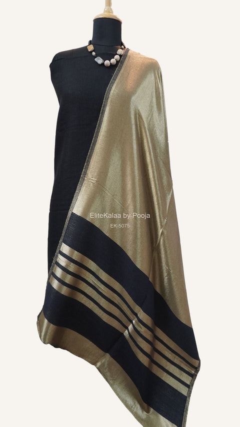 Black fine wool reversible stole with zari and striped detailing near the ends