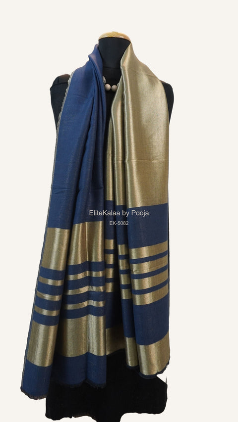 Dark blue fine wool reversible stole with zari accents and striped detailing near the ends