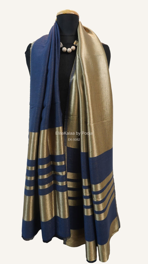 Dark blue fine wool reversible stole with zari accents and striped detailing near the ends