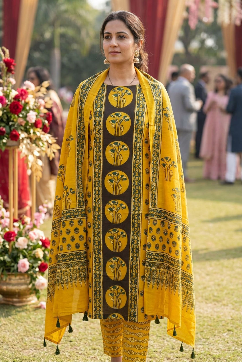 Ajrakh handblock modal 3 piece suit with stole/Yellow/Flower design