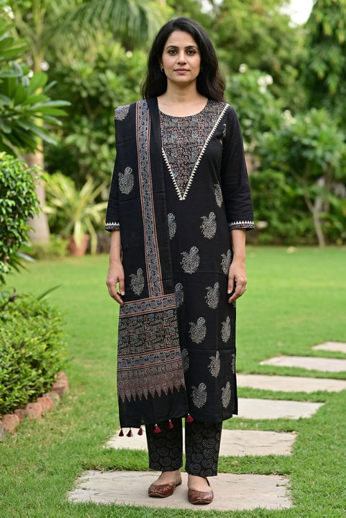 Ajrakh handblock modal 3 piece suit with stole/black/warli neck design