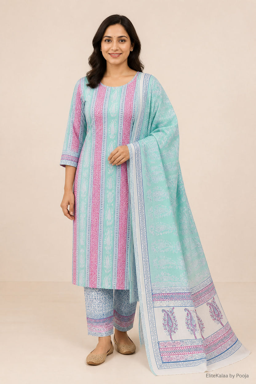 Green cotton Bagh handblock 3 piece suit set with printed design and border