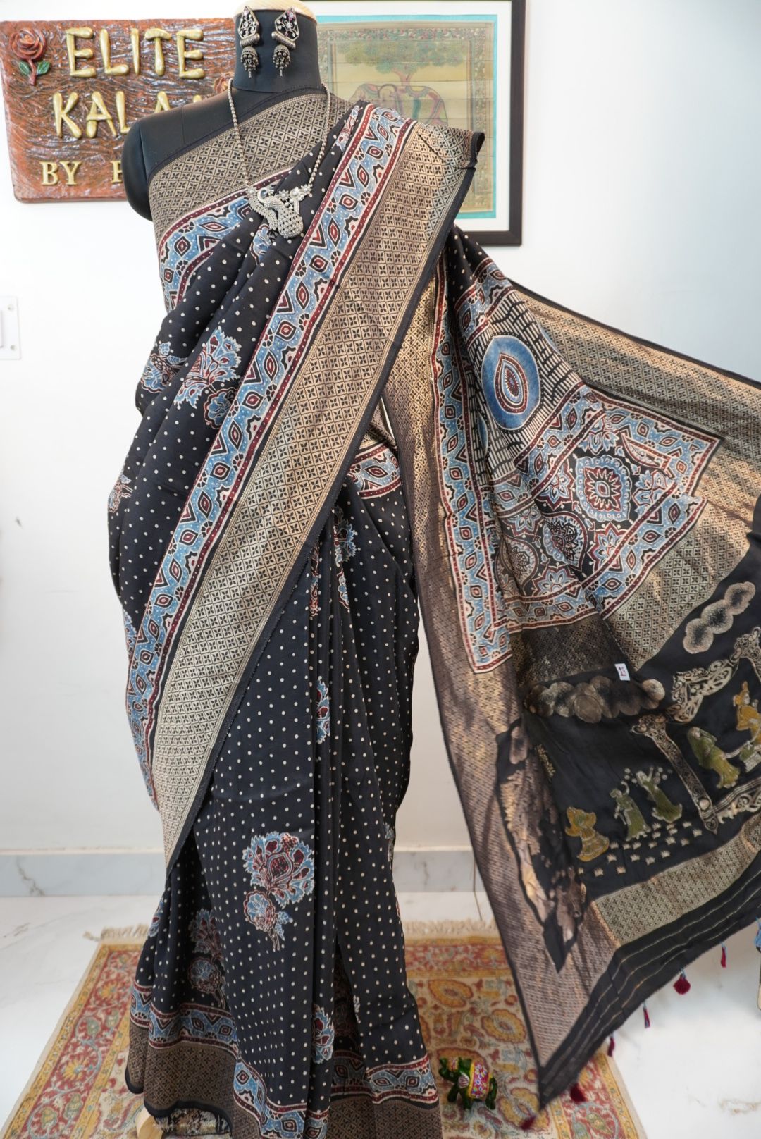 Black Dola silk Ajrakh saree with all-over big flower boota, polka dots and meenakari palla