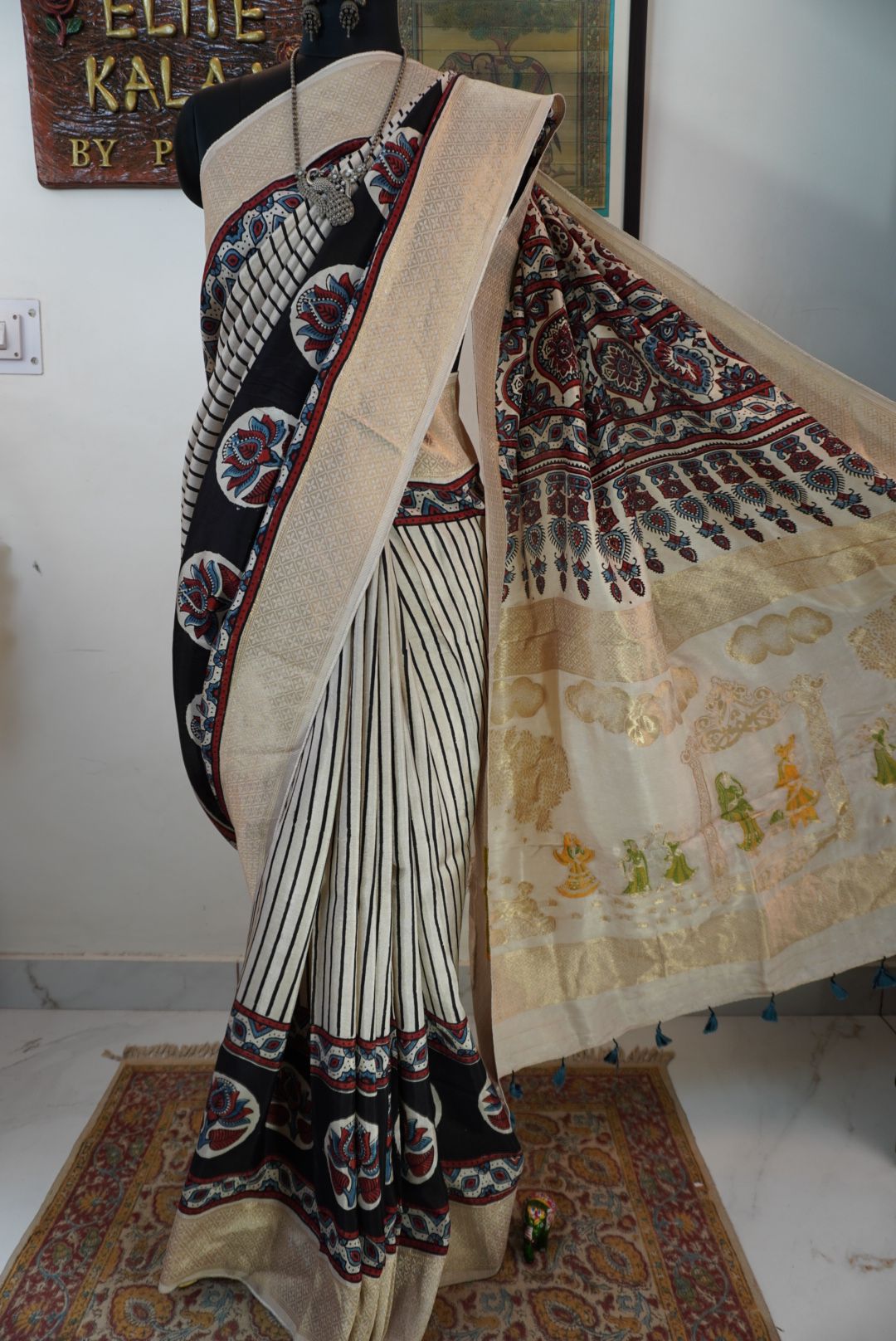 Ajrakh Dola silk saree with meenakari palla - ivory