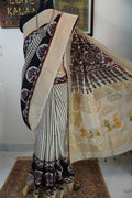Ajrakh Dola silk saree with meenakari palla - ivory