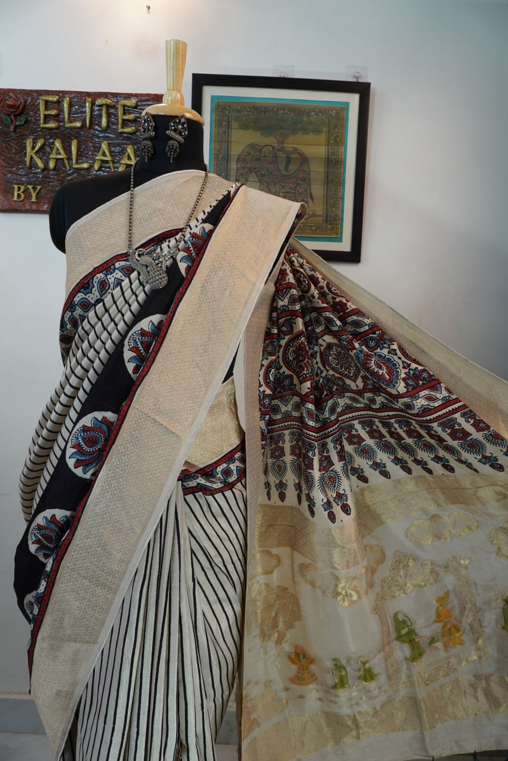 Ajrakh Dola silk saree with meenakari palla - ivory