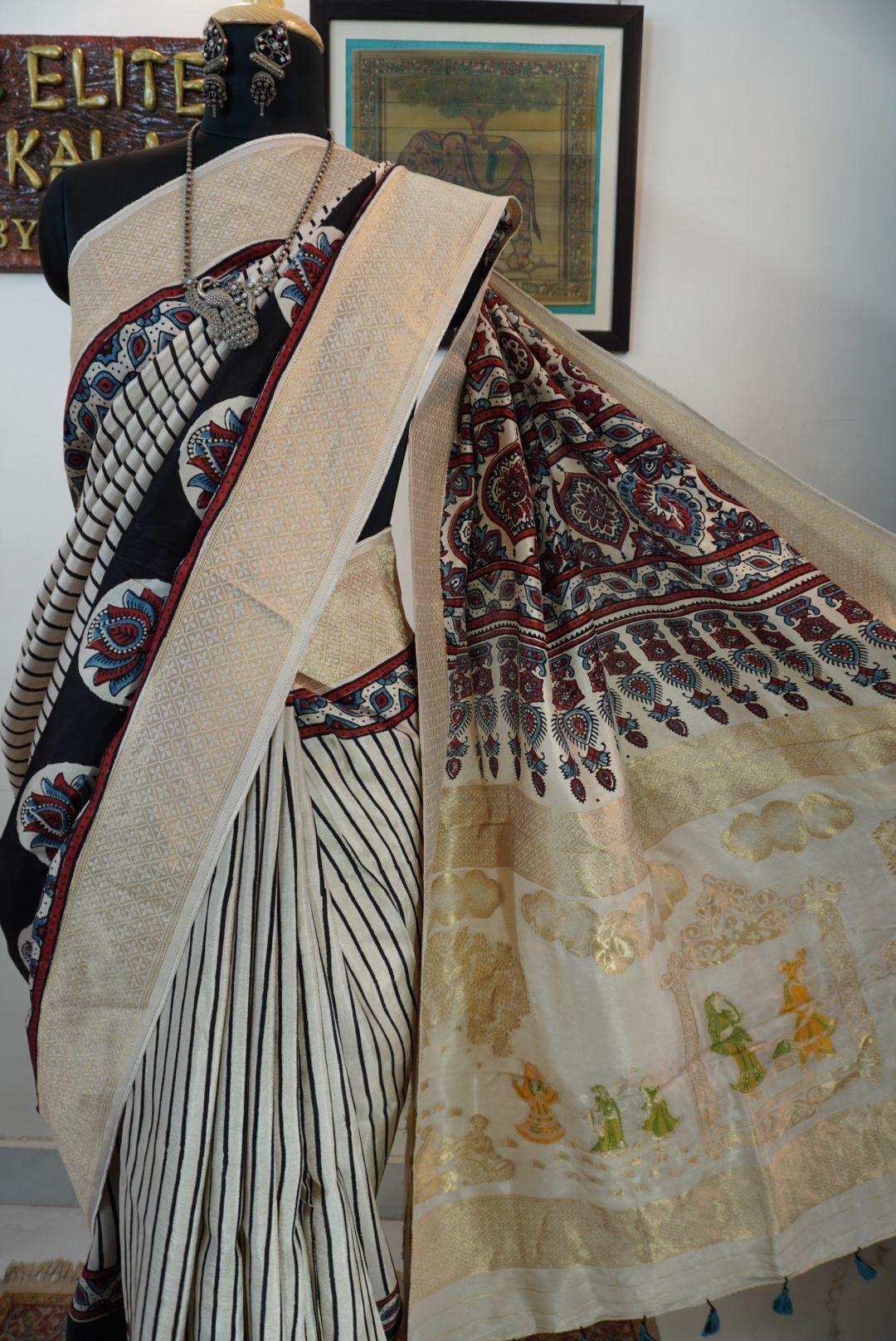 Ajrakh Dola silk saree with meenakari palla - ivory