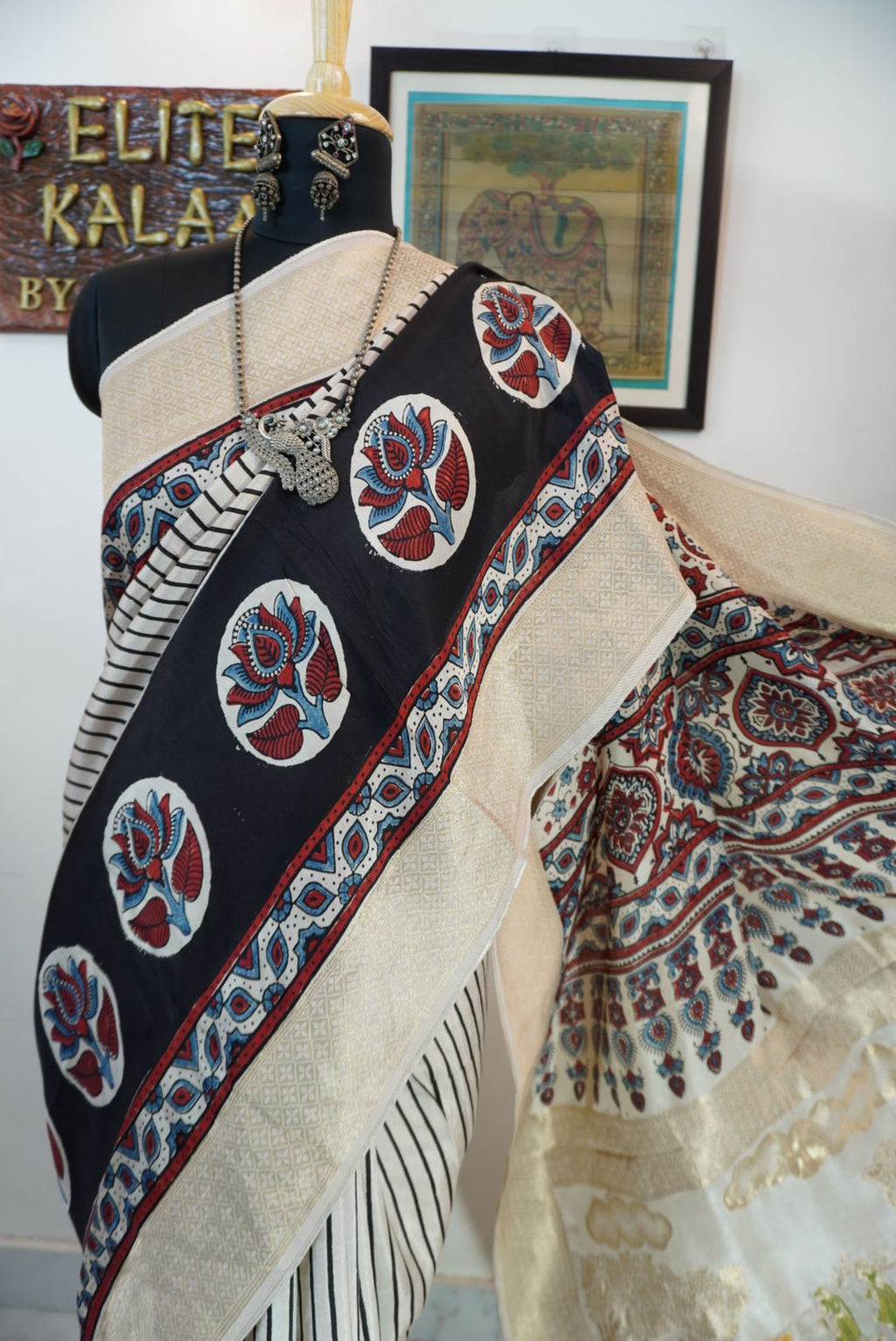 Ajrakh Dola silk saree with meenakari palla - ivory