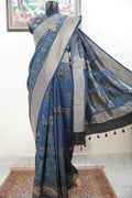 Ajrakh Dola silk saree with meenakari palla - indigo blue