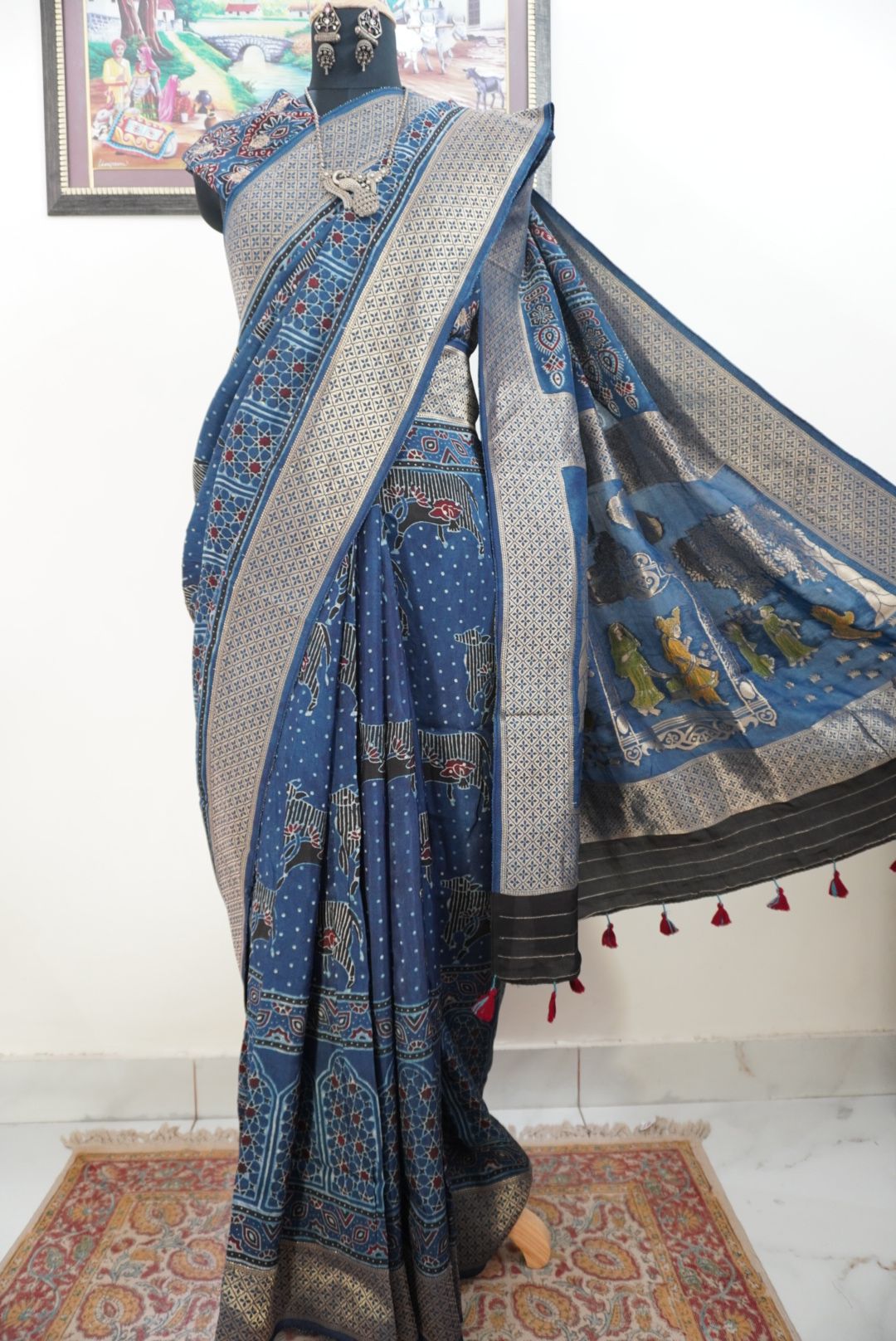 Ajrakh Dola silk saree with meenakari palla - indigo blue