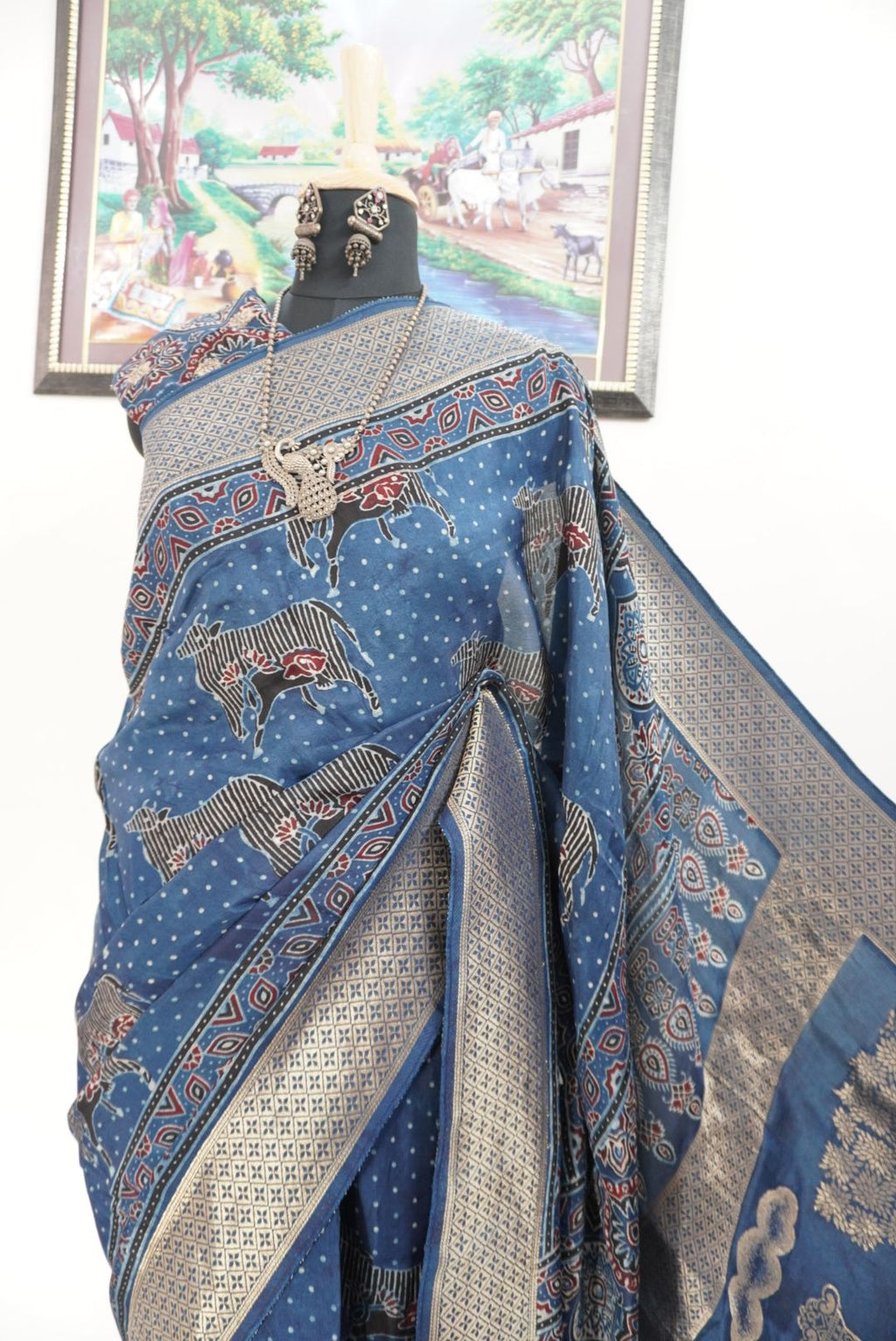 Ajrakh Dola silk saree with meenakari palla - indigo blue
