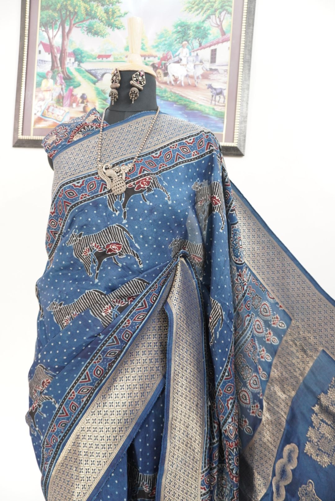 Ajrakh Dola silk saree with meenakari palla - indigo blue
